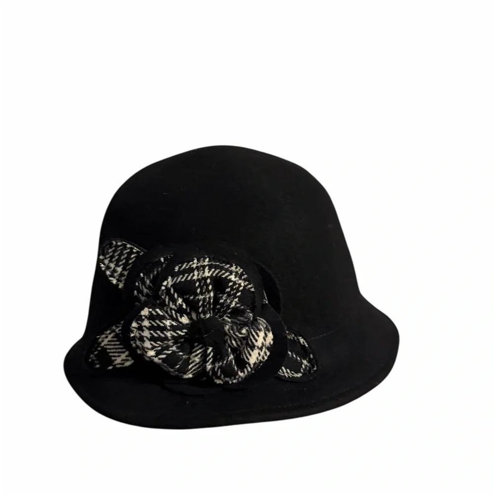 Charter Club Black Hat w Plaid Floral Accent Woman's Felt Bucket Hat 100% wool